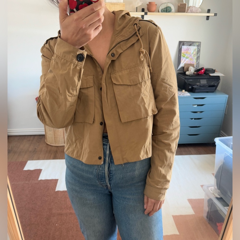 Organic by John Patrick Pocket Hoodie Cropped Jacket Nylon Tan Khaki - Picture 2 of 4